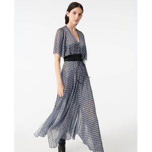 Maje Richelane Geo-Print Blue Metallic V-Neck Short Sleeve Maxi Dress Size 40